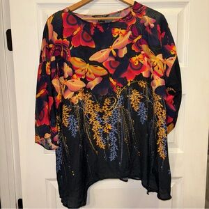 Citron Santa Monica Blue Women XL Artsy Silk Butterfly Whimsigoth Blouse Boho